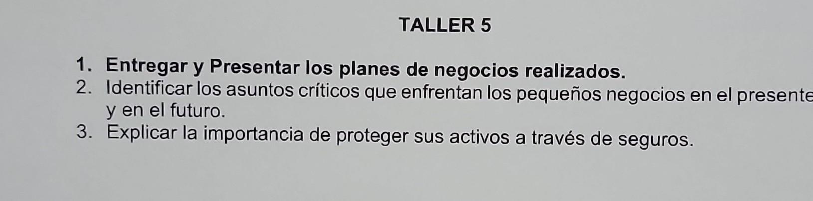 1. Entregar y Presentar los planes de negocios realizados. 2. Identificar los asuntos críticos que enfrentan los pequeños neg