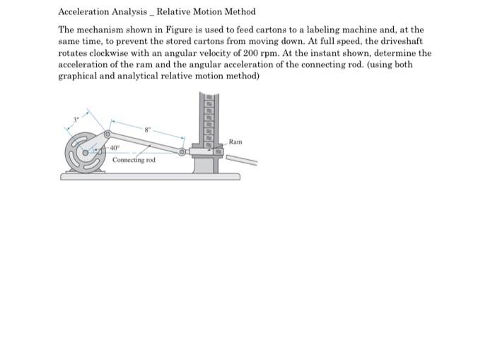 Acceleration Analysis_Relative Motion Method
The mechanism shown in Figure is used to feed cartons to a labeling machine and,