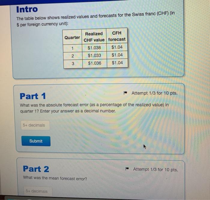 Solved Intro The table below shows realized values and | Chegg.com