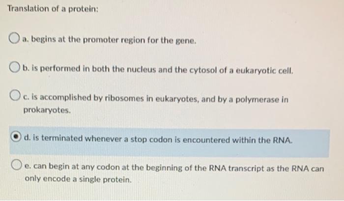 Solved Translation of a protein: a. begins at the promoter | Chegg.com