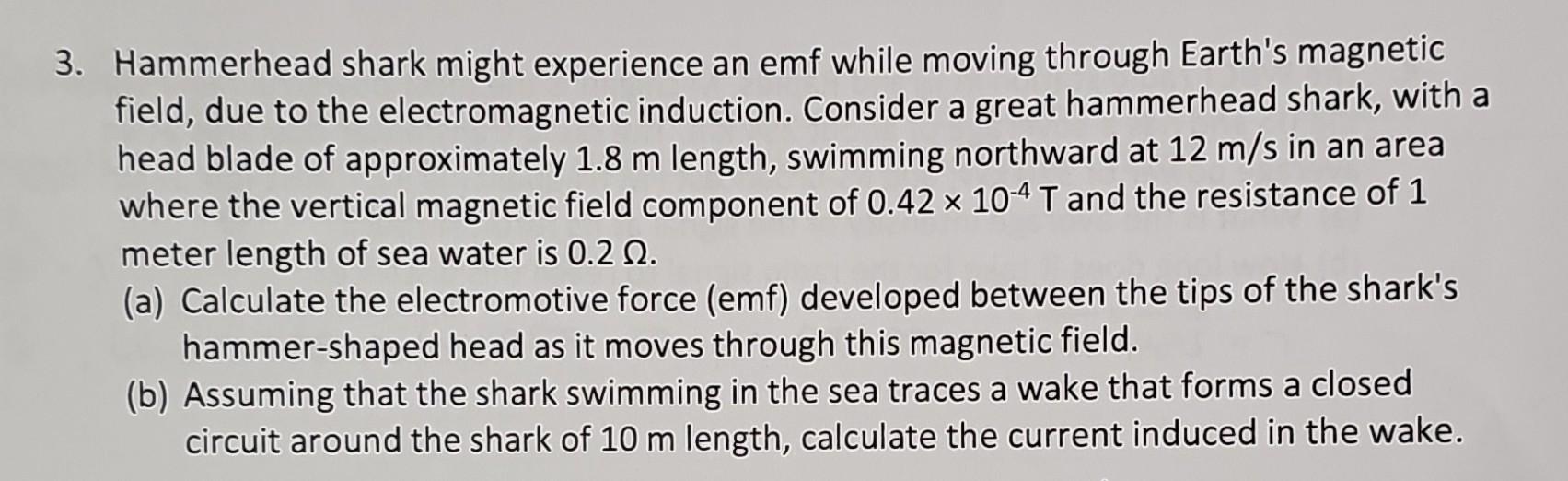 Solved Hammerhead shark might experience an emf while moving | Chegg.com