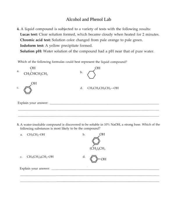 Alcohol and Phenol Lab Results From tests AF, fill