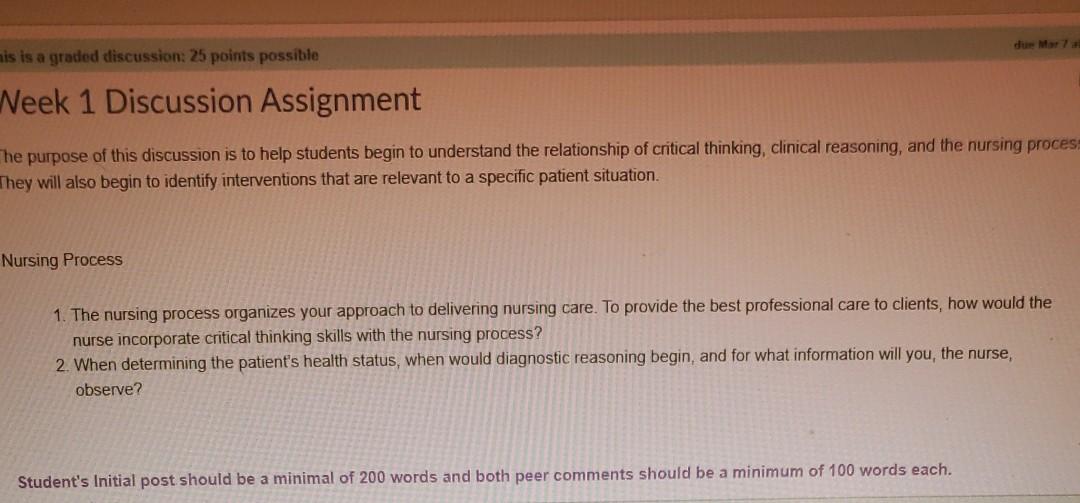 his is a graded discussion: 25 points possible Week 1 Discussion Assignment The purpose of this discussion is to help student