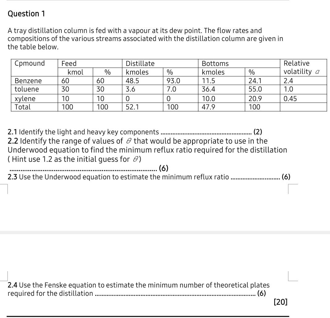Solved Question 1 A tray distillation column is fed with a