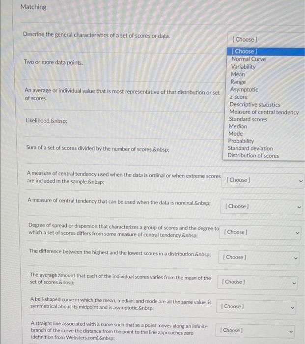 Solved Matching Describe the general characteristics of a | Chegg.com