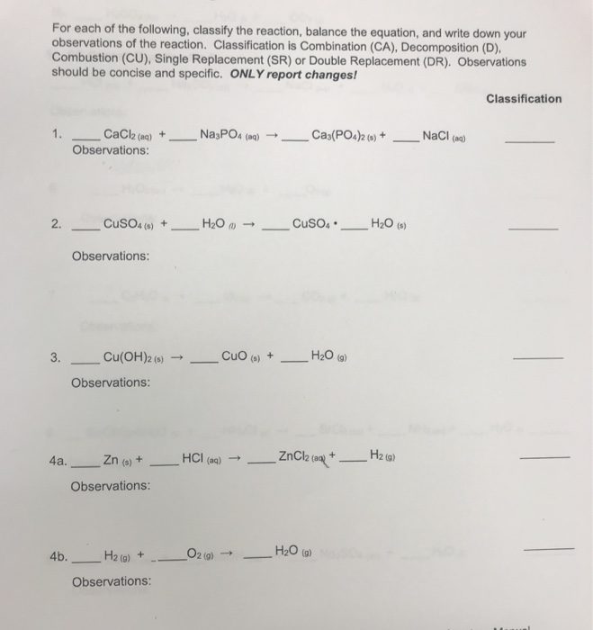 Solved For each of the following, classify the reaction, | Chegg.com