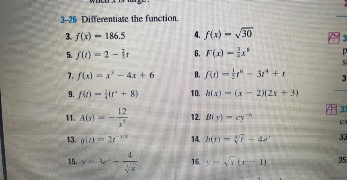 Solved 3-26 Differentiate the function. 3. f(x)=186.5 4. | Chegg.com