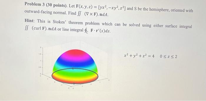 Solved Problem 3 (30 Points). Let F(x,y,z)=[yx2,−xy2,z2] And | Chegg.com