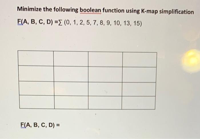 Solved Minimize The Following Boolean Function Using K-map | Chegg.com