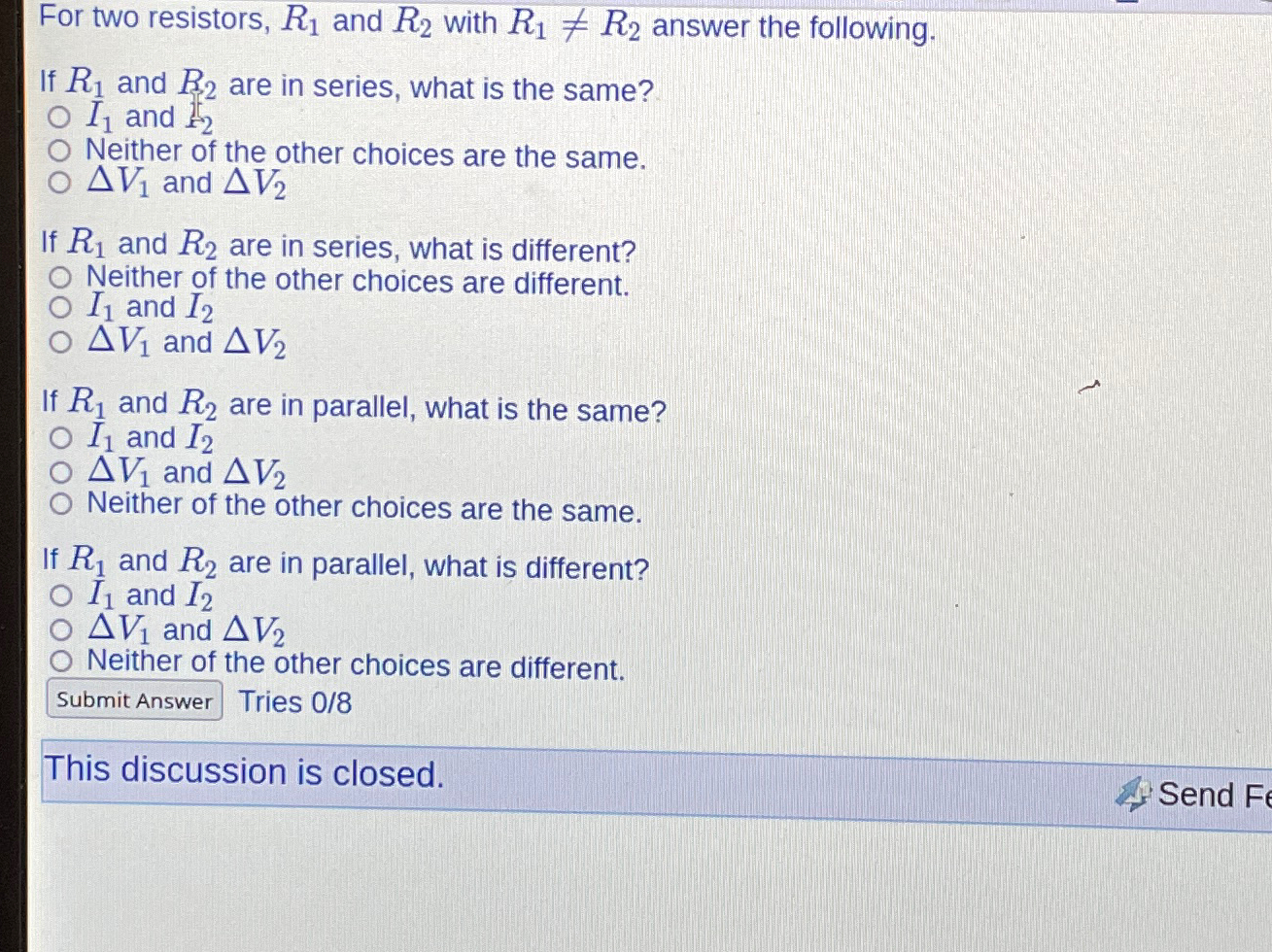 Solved For two resistors, R1 ﻿and R2 ﻿with R1≠R2 ﻿answer the | Chegg.com