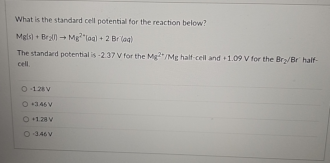 High Quality SOLUTION What is the standard cell potential for the ...