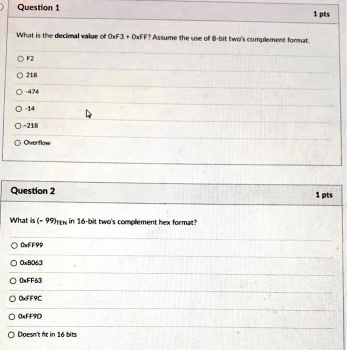 Solved Question 1 1 pts What is the decimal value of OxF3 + | Chegg.com
