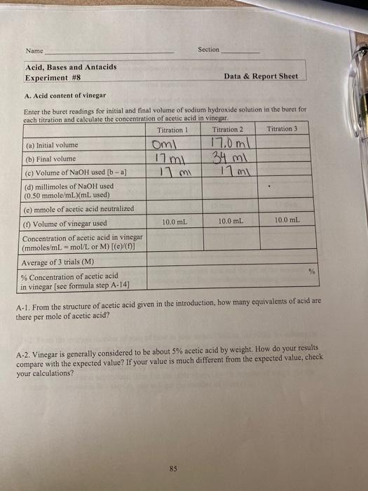 Solved Name Section Acid, Bases and Antacids Experiment 8