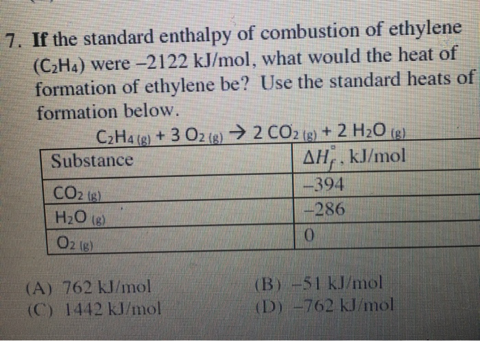 Solved 7. If the standard enthalpy of combustion of ethylene