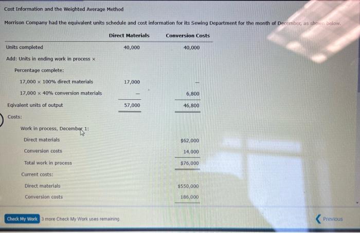 Solved Cost Information and the Weighted Average Mothod | Chegg.com