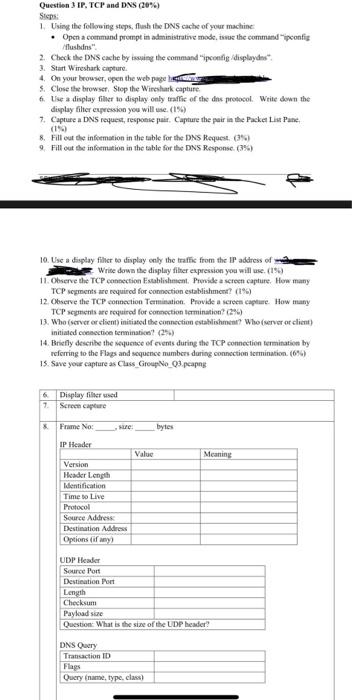 Question 3 IP. TCP and DNS (26%) Steps: 1. Using the | Chegg.com