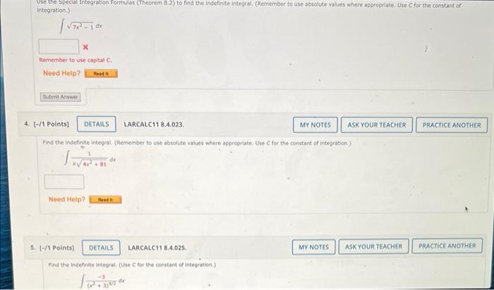 Solved Use the Special Integrotion Formulas (theorem 8.2) to | Chegg.com