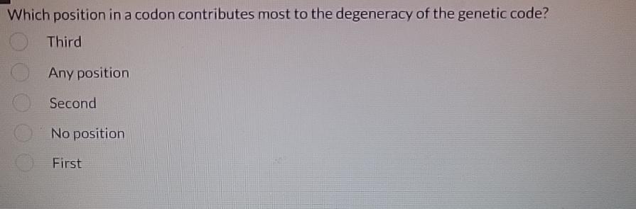 Solved Which position in a codon contributes most to the | Chegg.com