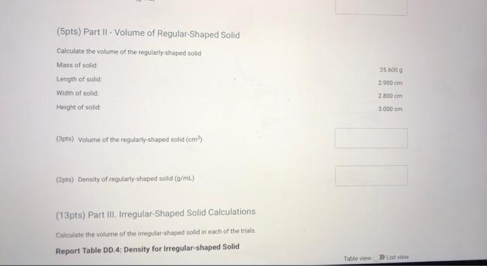 Solved (5pts) Part 1 - Volume of Regular-Shaped Solid | Chegg.com