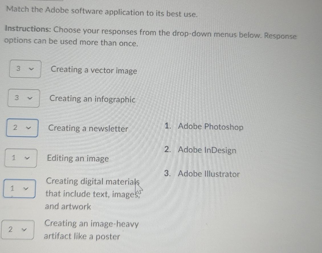 Application Software Matching Question Solved Match the Adobe software application to its best | Chegg.com