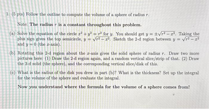 Solved 1. (5 pts) Follow the outline to compute the volume | Chegg.com