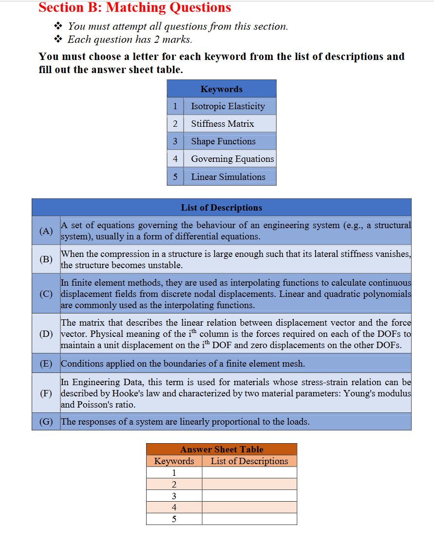 Solved Section B: Matching Questions * You Must Attempt All | Chegg.com