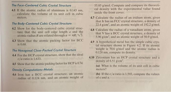 Solved The Face-Centered Cubic Crystal Structure 4.1 If the | Chegg.com