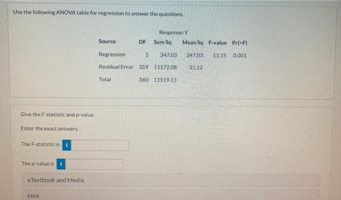 Solved Use the following ANOVA table for regression to | Chegg.com