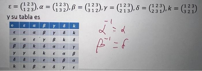 ε = = (123), a = (132), B = (322), y = (223), 8 = (233), k = (32³) y su tabla es -1 O E a B Y 8 k E E a B B a В a 9 E Y k 6 k