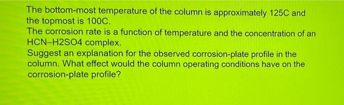 The bottom-most temperature of the column is approximately 125C and
the topmost is 100C.
The corrosion rate is a function of 