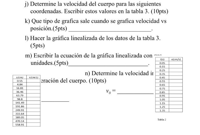 j) Determine la velocidad del cuerpo para las siguientes coordenadas. Escribir estos valores en la tabla 3. (10pts) k) Que ti