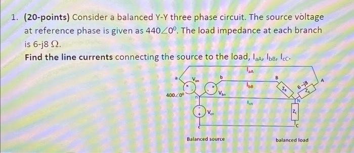 Solved 1. (20-points) Consider a balanced Y-Y three phase | Chegg.com