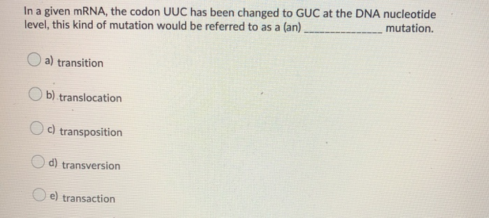 Solved In a given mRNA, the codon UUC has been changed to | Chegg.com