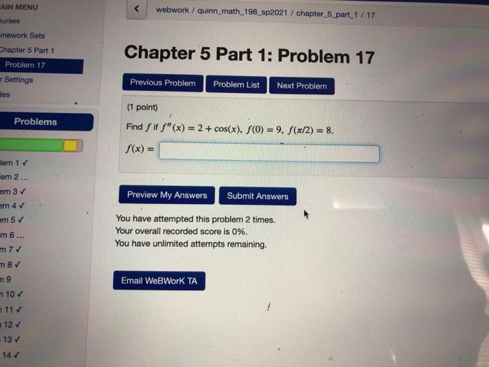 Solved AIN MENU webwork / quinn_math_198_sp2021 / | Chegg.com