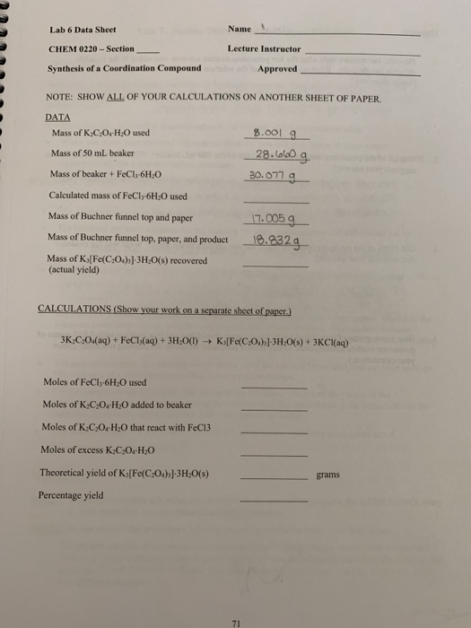 Solved Lab 6 Data Sheet Name CHEM 0220-Section Lecture | Chegg.com