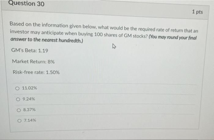 Solved Question 30 1 pts Based on the information given | Chegg.com