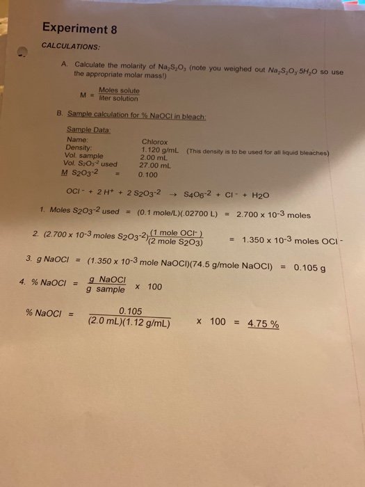 Solved Experiment 8 CALCULATIONS: A Calculate the molarity | Chegg.com