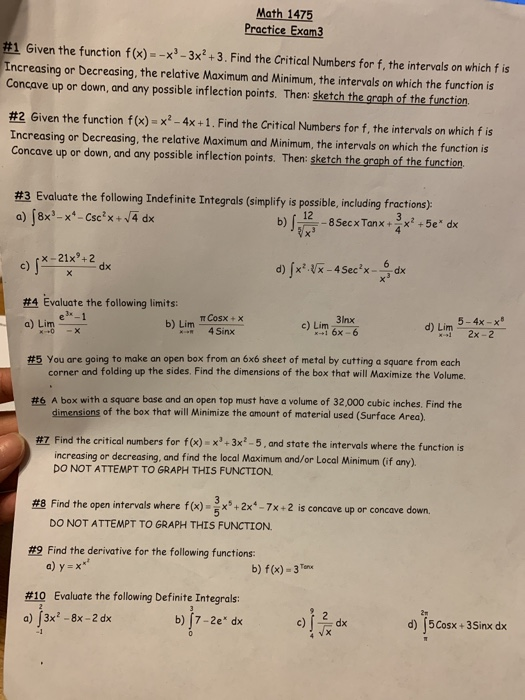 Solved Math 1475 Practice Exam3 #1 Given the function f(x) | Chegg.com
