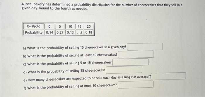 Solved A local bakery has determined a probability | Chegg.com