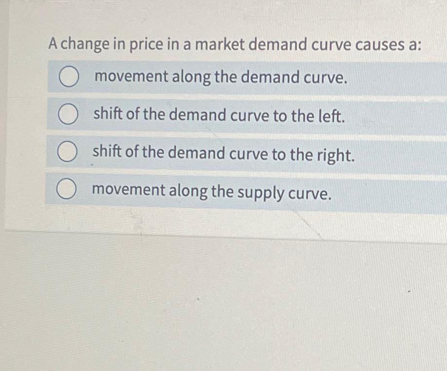 Solved A change in price in a market demand curve causes | Chegg.com