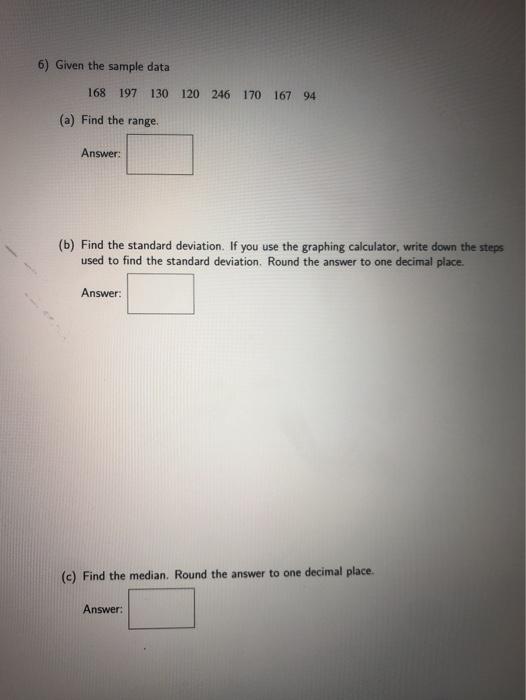 Solved given the sample data:Find the range, standard | Chegg.com