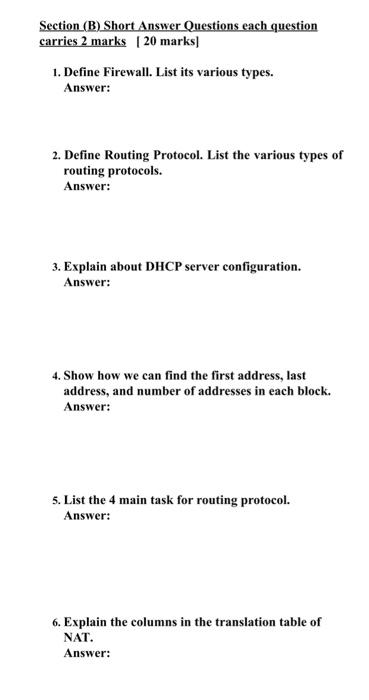 Solved Section B Short Answer Questions Each Question