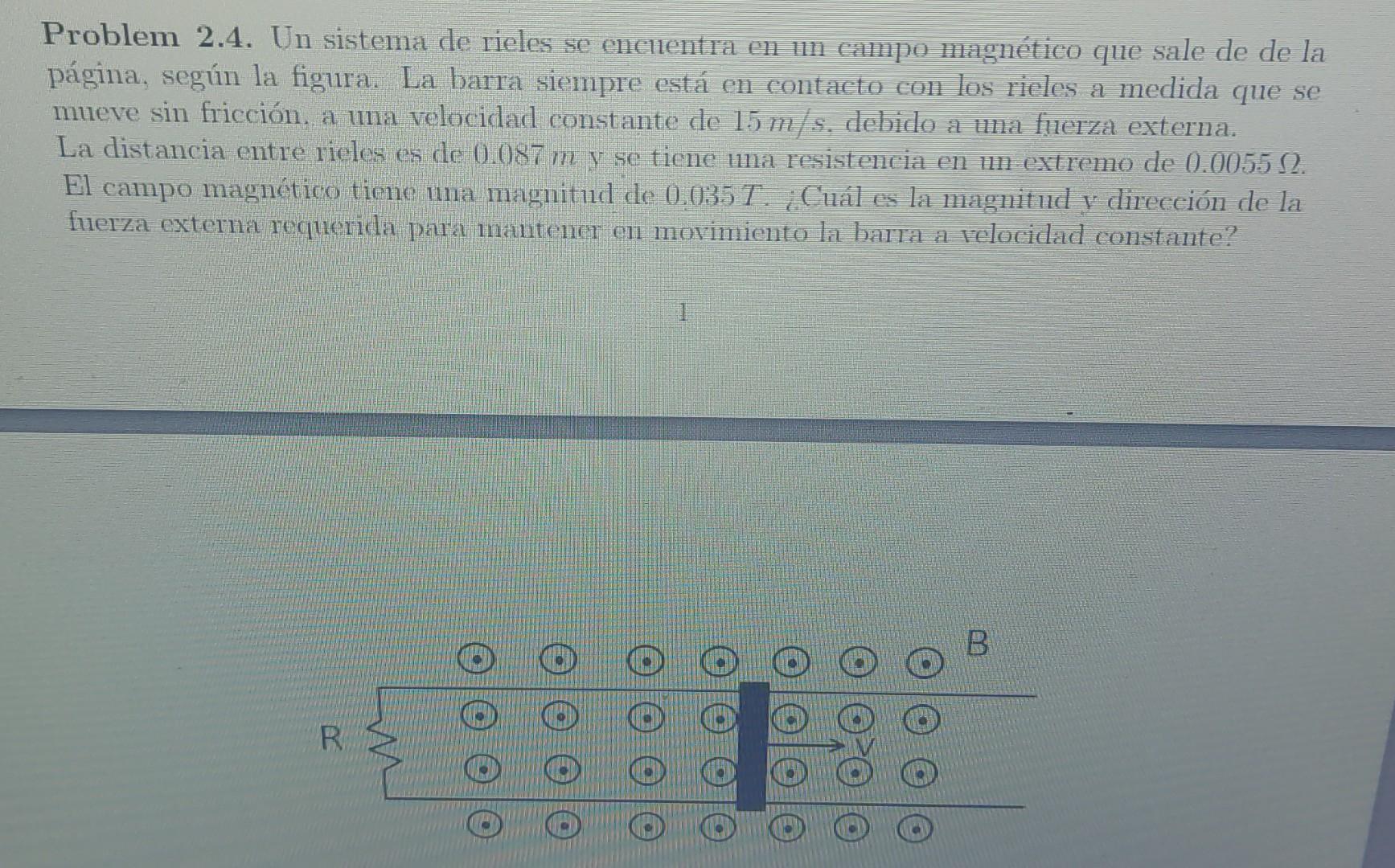 Problem 2.4. Un sistema de rieles se encuentra en un campo magnético que sale de de la página, según la figura. La barra siem