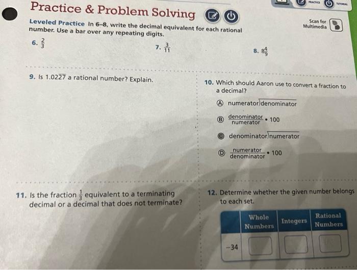 write the decimal equivalent for each rational number 8 4 9