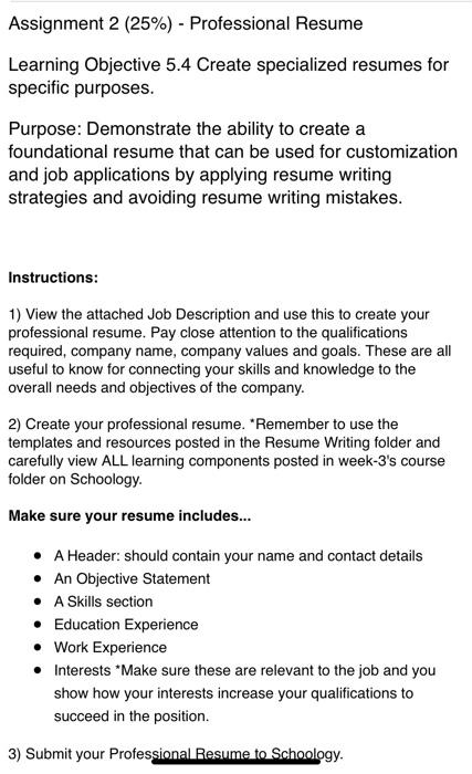 Solved Assignment 2 (25%) - Professional Resume Learning | Chegg.com