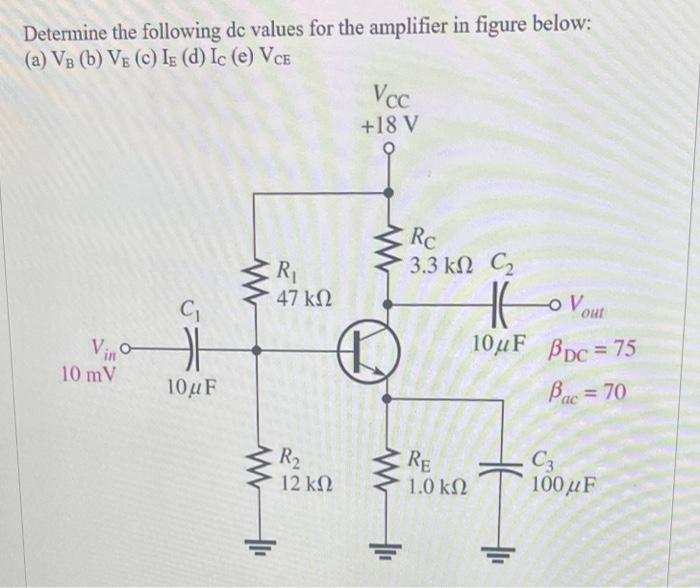 Solved Determine the following dc values for the amplifier | Chegg.com