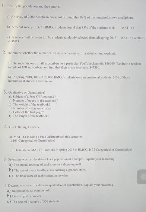 Solved 1. Identify The Population And The Sample: A). A | Chegg.com