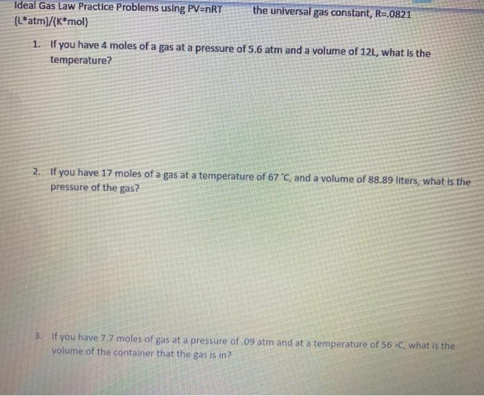 Ideal Gas Law Practice Problems 