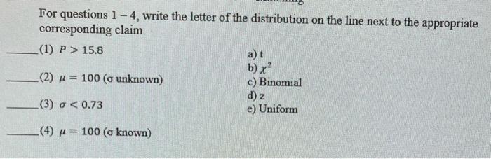 Solved For questions 1−4, write the letter of the | Chegg.com