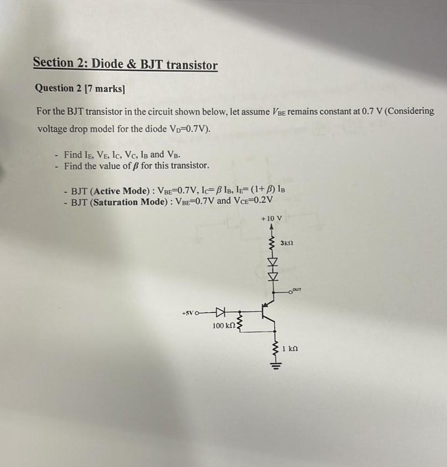 Solved Section 2 Diode & BJT transistor Question 2 [7
